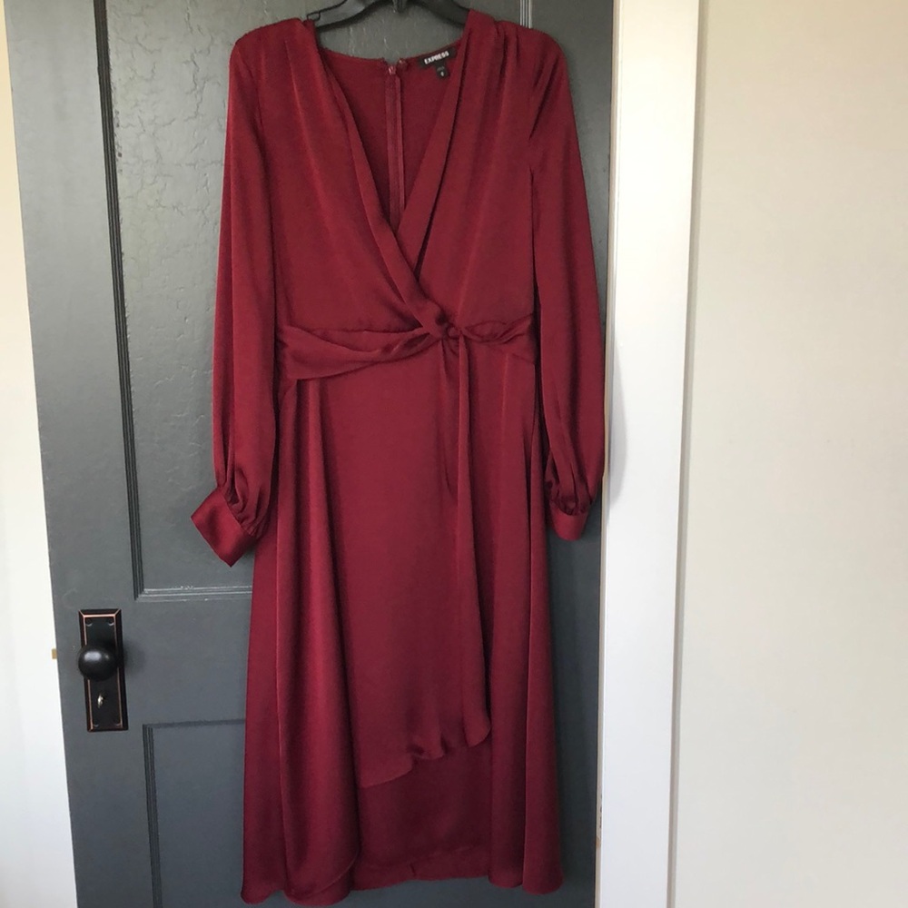 Express Red Plunge Neck Bishop Sleeve Dress